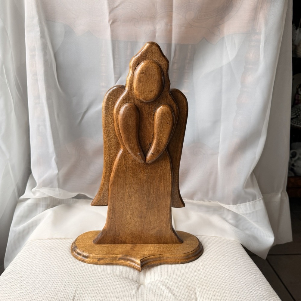 Vintage Hand Carved Wooden Praying Angel Solid Wood Cottagecore Decor